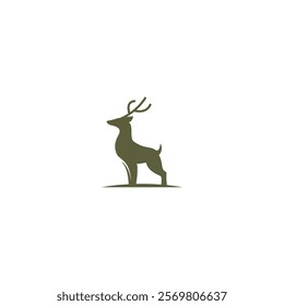 A minimalist silhouette of a deer with antlers standing on a patch of ground