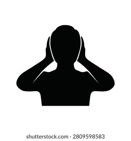 A minimalist silhouette depicting an individual blocking auditory input symbolizing quietude. Ideal for representing peace or the absence of sound in advertising.