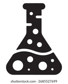 Um design de silhueta minimalista com um frasco de laboratório com bolhas ascendentes, representando inovação e descoberta científica.