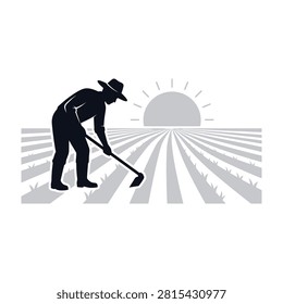 A minimalist silhouette of a farmer using a hoe in a cultivated field during sunrise. This symbolic image represents agriculture, organic farming, and hard work.
