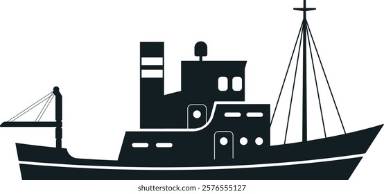 Minimalist silhouette of a fishing boat, featuring a crane, mast, and other nautical details, evokes a sense of maritime activity and seafaring adventure