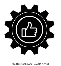 A minimalist silhouette of a gear with a thumbs up icon