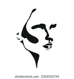 La silueta minimalista de una niña o mujer se enfrenta a un blanco negro. Es bueno para promocionar productos de belleza o logotipo.