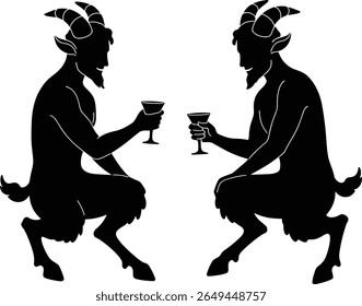 Minimalist silhouette of goat-footed demon characters holding wine glasses – black vector illustration featuring two satyr silhouettes in celebration – flat isolated graphic, simple and elegant style
