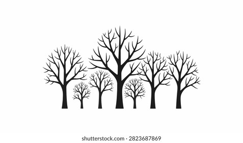 Minimalist silhouette of a group of stylized leafless trees with bare branches and varying heights, isolated on a solid white background for seasonal nature-themed graphic design.