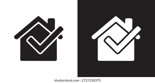 Silhueta minimalista da casa com sobreposição de marca de verificação diagonal em preto e branco