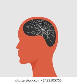 Minimalist silhouette of human head with empty mind, there is a spider web vector illustration for health psychology post
