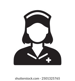 Minimalistisches Silhouettensymbol der Krankenschwester in Uniform auf weißem Hintergrund. Krankenschwester mit Mütze