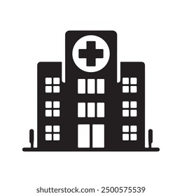 Minimalist Silhouette Icon of Hospital with Cross Symbol on White Background