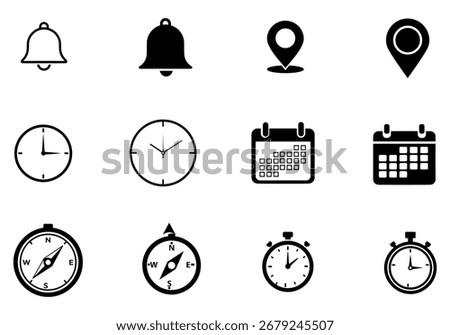 Minimalist Silhouette Icon Set – Notification Bell, Location Pin, Clock, Calendar, Compass, Stopwatch – Clean Black Vector Symbols for Mobile App, Website, UI UX Design on White Background. #IconSheet