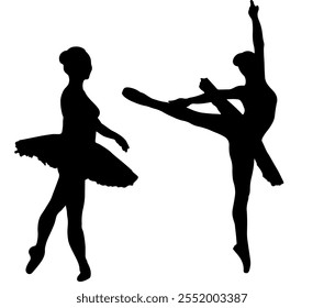 A minimalist silhouette illustration of a ballerina in an elegant arabesque pose, with her arms gracefully extended and one leg lifted behind her. 