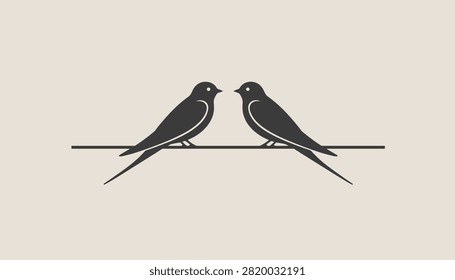 Minimalist silhouette illustration shows two swallow birds perched facing each other on a thin horizontal wire.