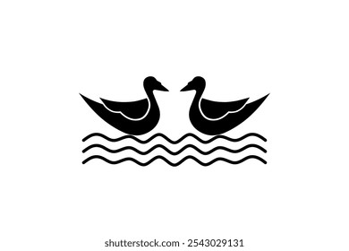 Minimalistische Silhouette Illustration Vektordesign mit zwei Enten anmutig schwimmen auf einer wellenförmigen Wasserlinie, symbolisiert Gelassenheit und Natur. Perfekt für Kunst, Natur und Projekte zum Thema Tierwelt.