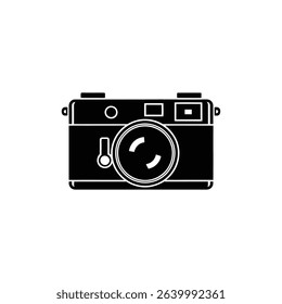 Minimalist silhouette illustration of a vintage camera in solid black against a white background. Classic photography equipment icon graphic perfect for design purposes.