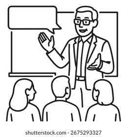 Minimalist silhouette line art of classroom learning: a teacher presenting with an open hand, a board behind, a speech bubble above, and three attentive students. Modern icon design