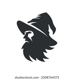 Logotipo de silhueta minimalista de um bruxo com um chapéu pontiagudo e barba fluente. Design limpo e moderno em preto sólido, ideal para marcas, jogos, aplicativos ou projetos digitais que precisam de um visual com tema de fantasia