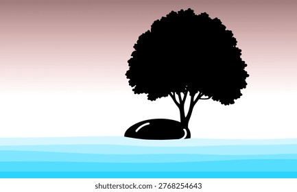  Minimalist Silhouette of a Lone Tree on Rock Surrounded by Calm Blue Water Against Soft Pink Gradient Sky – Serene Nature Landscape Background Illustration