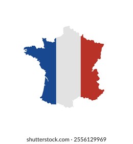 A minimalist silhouette of France’s map filled with the French national flag’s tricolor blue, white, and red, symbolizing patriotism and national pride.