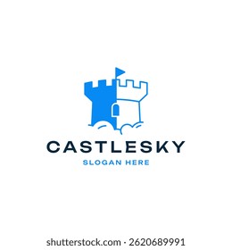 Minimalist silhouette of a medieval castle tower with flag in the sky logo design vector