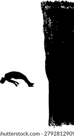 minimalist silhouette of a person falling vector illustration . monochrome conceptual graphic design of a figure jumping off a clif, dark moody art