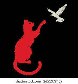 Silhueta minimalista de um gato e pássaro vermelho em voo com asas espalhadas sobre um fundo preto, projetado em um estilo vetor plano.