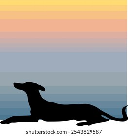 Silhueta minimalista de um cão relaxado contra um fundo de sol gradiente - Perfeito para animais de estimação, natureza, tranquilidade, serenidade inspirada e temas pacíficos.