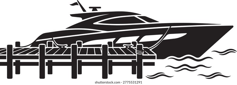 Minimalist silhouette of a river launch boat at a docking terminal. Flat vector design for port and river station concepts.