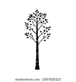 A minimalist silhouette of a slender birch tree with a tall trunk and delicate branches adorned with leaves, showcasing its iconic white bark