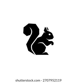 A minimalist silhouette of a squirrel, featuring a distinctive bushy tail, rendered in stark black against a white background, emphasizing its form.