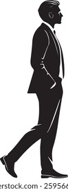 Minimalist silhouette of a standing man, profile view, full body. Black shadow on white background, clean lines, crisp edges, monochrome, elegant 2D vector graphic style.