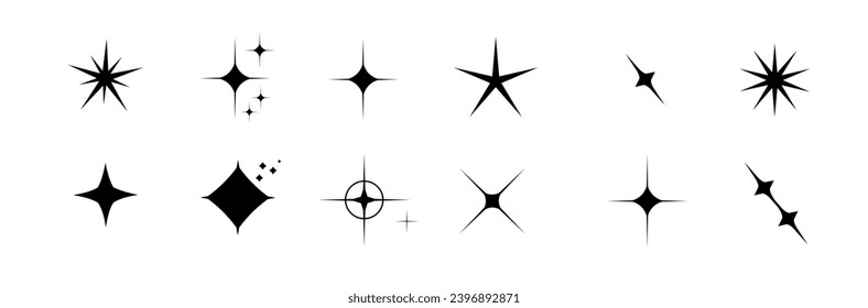 Iconos de estrella de silueta minimalista, conjunto de vectores de forma estrella. Resumen y2k chispas. Estrellas de guijarros, símbolo abstracto de siluetas negras brillantes estalla. Vector