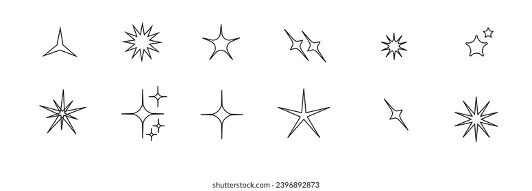 Iconos de estrella de silueta minimalista, conjunto de vectores de forma estrella. Resumen y2k chispas. Estrellas de guijarros, símbolo abstracto de siluetas negras brillantes estalla. Vector