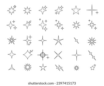 Iconos de estrella de silueta minimalista, conjunto de vectores de forma estrella. Resumen y2k chispas. Estrellas de guijarros, símbolo abstracto de siluetas negras brillantes estalla. Vector