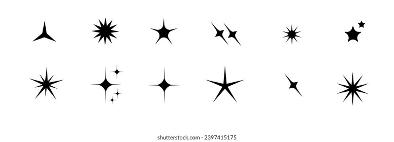 Iconos de estrella de silueta minimalista, conjunto de vectores de forma estrella. Resumen y2k chispas. Estrellas de guijarros, símbolo abstracto de siluetas negras brillantes estalla. Vector