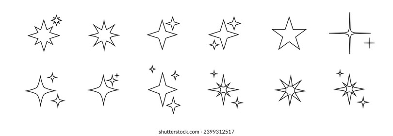 Iconos de estrella de silueta minimalista, conjunto de vectores de forma estrella. Resumen y2k chispas. Estrellas de guijarros, símbolo abstracto de siluetas negras brillantes estalla. Vector