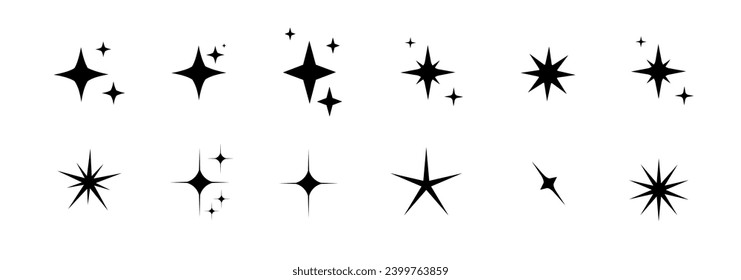 Minimalist silhouette Star icons, star shape vector set. Abstract y2k sparkles. Twinkling stars, abstract sparkle black silhouettes symbol shining burst. Vector