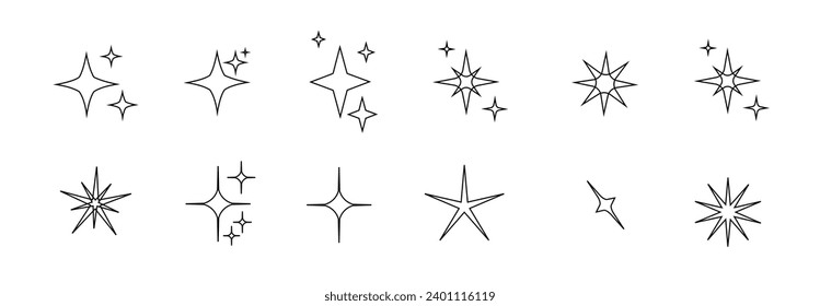 Iconos de estrella de silueta minimalista, conjunto de vectores de forma estrella. Resumen y2k chispas. Estrellas de guijarros, símbolo abstracto de siluetas negras brillantes estalla. Vector