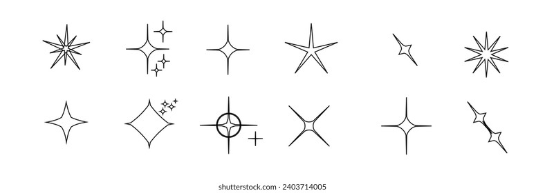 Iconos de estrella de silueta minimalista, conjunto de vectores de forma estrella. Resumen y2k chispas. Estrellas de guijarros, símbolo abstracto de siluetas negras brillantes estalla. Vector