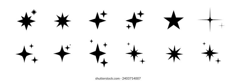 Iconos de estrella de silueta minimalista, conjunto de vectores de forma estrella. Resumen y2k chispas. Estrellas de guijarros, símbolo abstracto de siluetas negras brillantes estalla. Vector