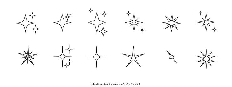 Iconos de estrella de silueta minimalista, conjunto de vectores de forma estrella. Resumen y2k chispas. Estrellas de guijarros, símbolo abstracto de siluetas negras brillantes estalla. Vector