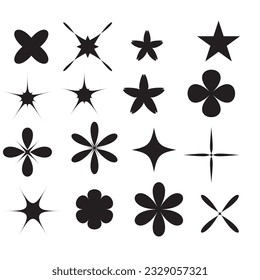 Minimalist silhouette stars icon, twinkle star shape symbols. Modern geometric elements, shining star icons, abstract sparkle black silhouettes symbol vector set