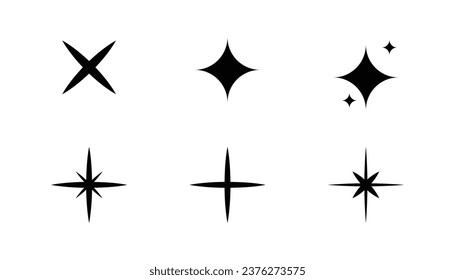 Minimalist silhouette stars icon, twinkle star shape symbols. Modern geometric elements, shining star icons, abstract sparkle black silhouettes symbol vector set