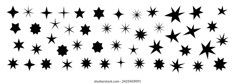 Icono de estrellas de silueta minimalista, símbolos de forma de estrella de centelleo. Elementos geométricos modernos, iconos de estrellas brillantes, siluetas abstractas negras brillante símbolo vector conjunto. Ilustración de vector