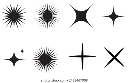 Minimalist silhouette stars icon, twinkle star shape symbols. Modern geometric elements, shining star icons, abstract sparkle black silhouettes and symbols vector set . Vector illustration