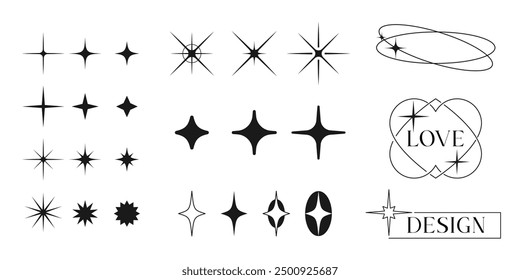 Minimalist silhouette stars icon, twinkle star shape symbols and aesthetic line elements. Modern vector geometric illustration