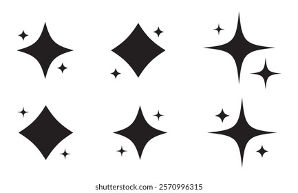 Minimalist silhouette stars icon, twinkle star shape symbols. Modern geometric elements, shining star icons, abstract sparkle black silhouettes symbol vector set