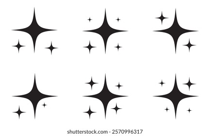 Minimalist silhouette stars icon, twinkle star shape symbols. Modern geometric elements, shining star icons, abstract sparkle black silhouettes symbol vector set