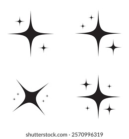 Minimalist silhouette stars icon, twinkle star shape symbols. Modern geometric elements, shining star icons, abstract sparkle black silhouettes symbol vector set