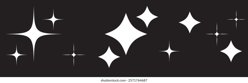 Minimalist silhouette stars icon, twinkle star shape symbols. Modern geometric elements, shining star icons, abstract sparkle black silhouettes symbol vector set
