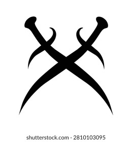 A minimalist silhouette of two crossed scimitars on a plain white background. Represents conflict, combat, or historical weaponry.